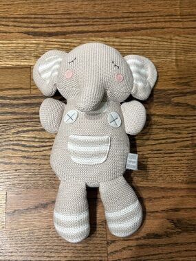 Living Textiles Grey White Theodore Elephant Knit Plush Baby Toy Rattle 15"
